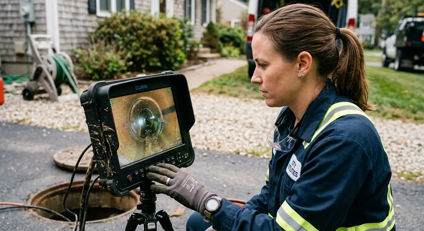 Technician reviewing sewer camera inspection footage in Sierra Madre