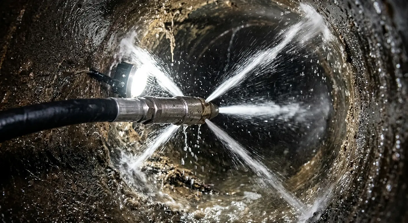 High-pressure hydro jetting nozzle cleaning sewer pipe for Trenchless Sewer Repair in Sierra Madre
