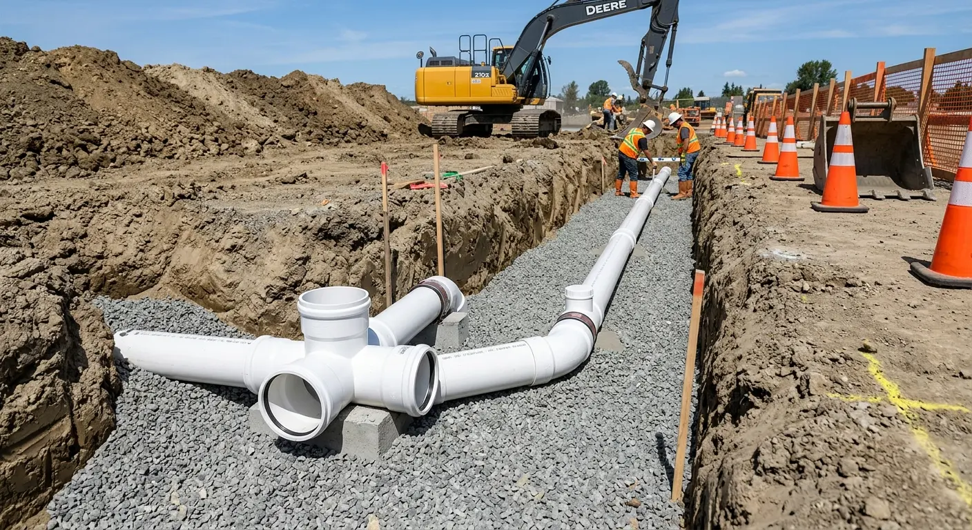 New PVC sewer pipe installation in open trench for Grease Trap Cleaning in Sierra Madre