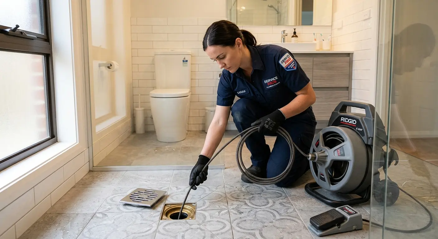 Technician clearing a bathroom floor drain for Clogged Drain Repair in Sierra Madre